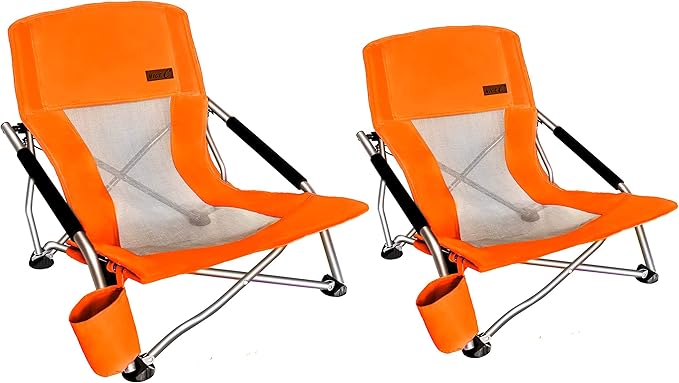 Nice C Low Beach Camping Folding Chair, River Sand Lake Chair (2P Orange) | Compact Backpacking Chair, Sillas De Playa, Cup Holder, Carry Bag, Heavy Duty, Outdoor, BBQ, Travel, Picnic, Festival