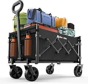 Blomoba Folding Wagon Cart with Wheels, 220lbs Utility Wagon Cart, Black | Collapsible Wagon with 360° All-Terrain Wheels & Adjustable Handle, Foldable Cart for Groceries Camping Sports Gardening