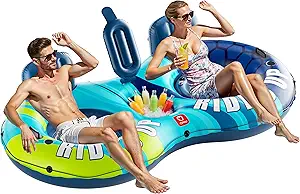 QPAU Inflatable Double River Tube, 2 Person 660lb Capacity, Puncture-Resistant 93" Sturdy Heavy Duty River Float, River Raft with Ergonomic Backrest, Cooler & Cup Holders for Family