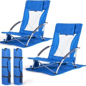 Huskfirm Low Beach Chairs 2 Pack, Backpack Beach Chairs for Adults Blue | Folding Lightweight Aluminum Beach Chair with Cup Holder & Carry Bag, Heavy Duty Beach Chair Set for Beach, Camping, Concerts