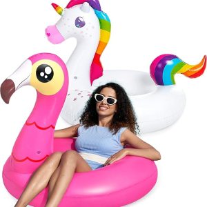 JOYIN 2-Pack Flamingo Unicorn Pool Float - Fun Floaties Inflatable Swimming Pool Tubes Toys Party Decorations, Summer Vacation Lake Beach Floaty Swim Rings Raft Lounger for Adults & Kids