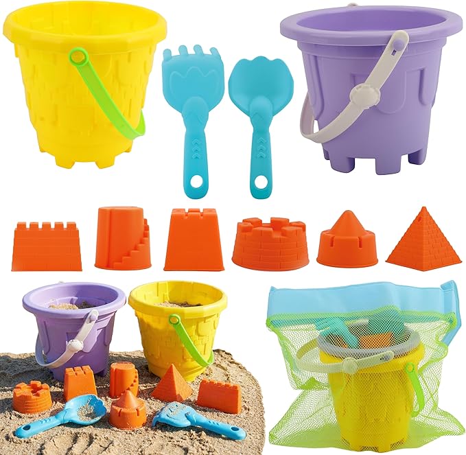 TOY Life Beach Toys for Kids, 11-Piece Sand Castle Bucket & Sand Toys Set | 6 sand molds, 2 shovels, mesh bag, beach pail & shovel set for toddlers, ages 3+