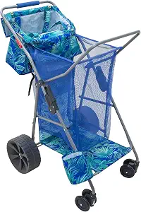 Tommy Bahama Wonder Wheeler Deluxe Folding Beach Cart, Portable Caddy for Towels and Beach Accessories, Stores 48-Quart Cooler & 4 Chairs, Blue