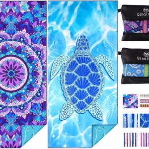 Microfiber Beach Towel with Bag Oversized 71x32 Sand Free 2 Pack | Thin Lightweight Extra Large Towels for Adults Pool Swim Yoga Gym Camping Travel Essentials Accessories Vacation Gift Women
