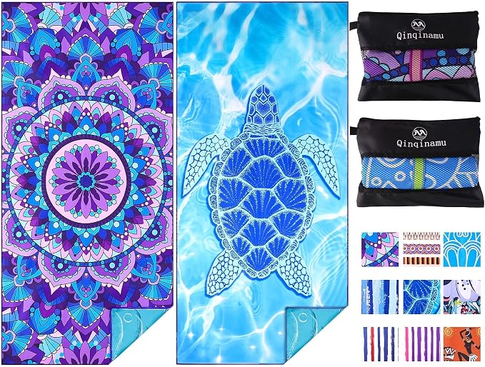 Microfiber Beach Towel with Bag Oversized 71x32 Sand Free 2 Pack | Thin Lightweight Extra Large Towels for Adults Pool Swim Yoga Gym Camping Travel Essentials Accessories Vacation Gift Women
