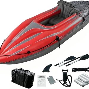 9 ft Inflatable Kayak, 1-Person Foldable Fishing Boat, 220 lb Capacity, Includes Aluminum Oars, High Output Pump, Adjustable Seat, Removable Fin, Cargo Net for Adults, Lakes & Rivers