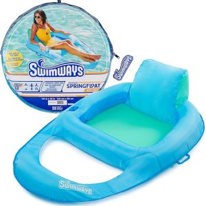 SwimWays Spring Float Recliner, Fast-Inflating Adult Pool Lounger; Ages 15+ | Patented Fast Inflation for Immediate Use During Travel, Fits Most Adults and Teens, Teens & Adults Can Lounge Comfortably