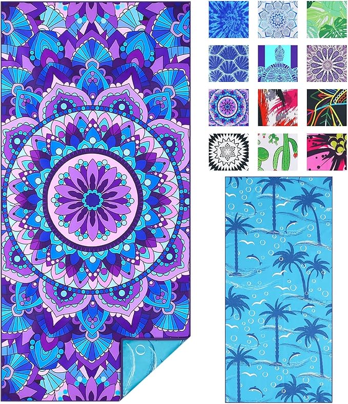 TwoYek Microfiber Beach Towel Extra Large 71x32 inches Boho Mandala Print | Thin Lightweight, Sand Free Super Absorbent Quick Dry, Oversized for Travel Pool Swim Bath Camping Sports Girls Women Adults