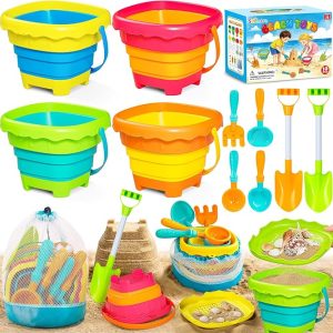 Beach Sand Toys for Kids with 4 Collapsible Beach Bucket, Beach Essentials | Travel Sand Toys for kids ages 4-8 With Sifter Shovels Set & Mesh Bag, Sandbox Outdoor Beach Toys for Toddlers Boys Girls