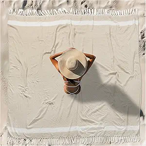 Vikumond Turkish Beach Towel Blanket Oversized 88x82 Inch Quick Dry Beige | Lightweight Compact Portable Sand Free Absorbent Boho Woven Throw for Pool Swimming Picnic Camping Cruise Outdoor Essentials