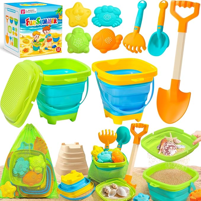 Collapsible Beach Sand Toys for Kids Toddlers, Collapsible Sand Bucket | Sand Sifter Shovels Set with Mesh Bag and Sand Molds, Travel Beach Sandbox Toys for Boys Girls 3 4 5 6 7 8 9 10