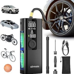 Airmoto Tire Inflator Portable Air Compressor for Cars, Bikes and Bicycles | Cordless Air Pump with Digital Pressure Gauge, Bright LED & Auto Shut-Off, Works on All Tires and Inflatables