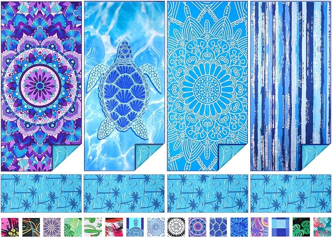 TwoYek Microfiber Beach Towel Extra Large 71x32 inches 4 Pack Bulk | Thin & Lightweight, Sand Free, Super Absorbent & Quick Dry, Oversized Towels for Beach Bath Pool Swim Travel Essentials Gift