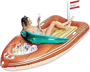 JOYIN Giant Boat Float with Cooler - Inflatable Boat Funny Pool Floats Raft with Reinforced Cooler, Lounge Floaties Beach Lake Toys Fun in Summer Swimming Pool Party Decorations for Kids & Adults