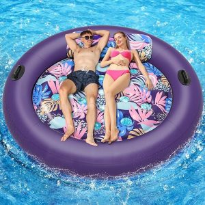 OKSUWATER Inflatable Pool Floats for Adults, Heavy Duty,73"x73", Purple XL | Thick PVC, 19 Cooling Vents, Removable Headrest, Grab Handles, Giant Tanning Lounger Floaties Bed for Pool, Beach, Outdoor
